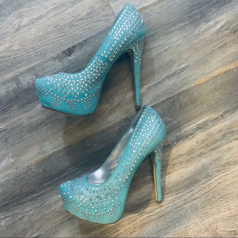 Turquoise blue high heel shoes w fake diamonds